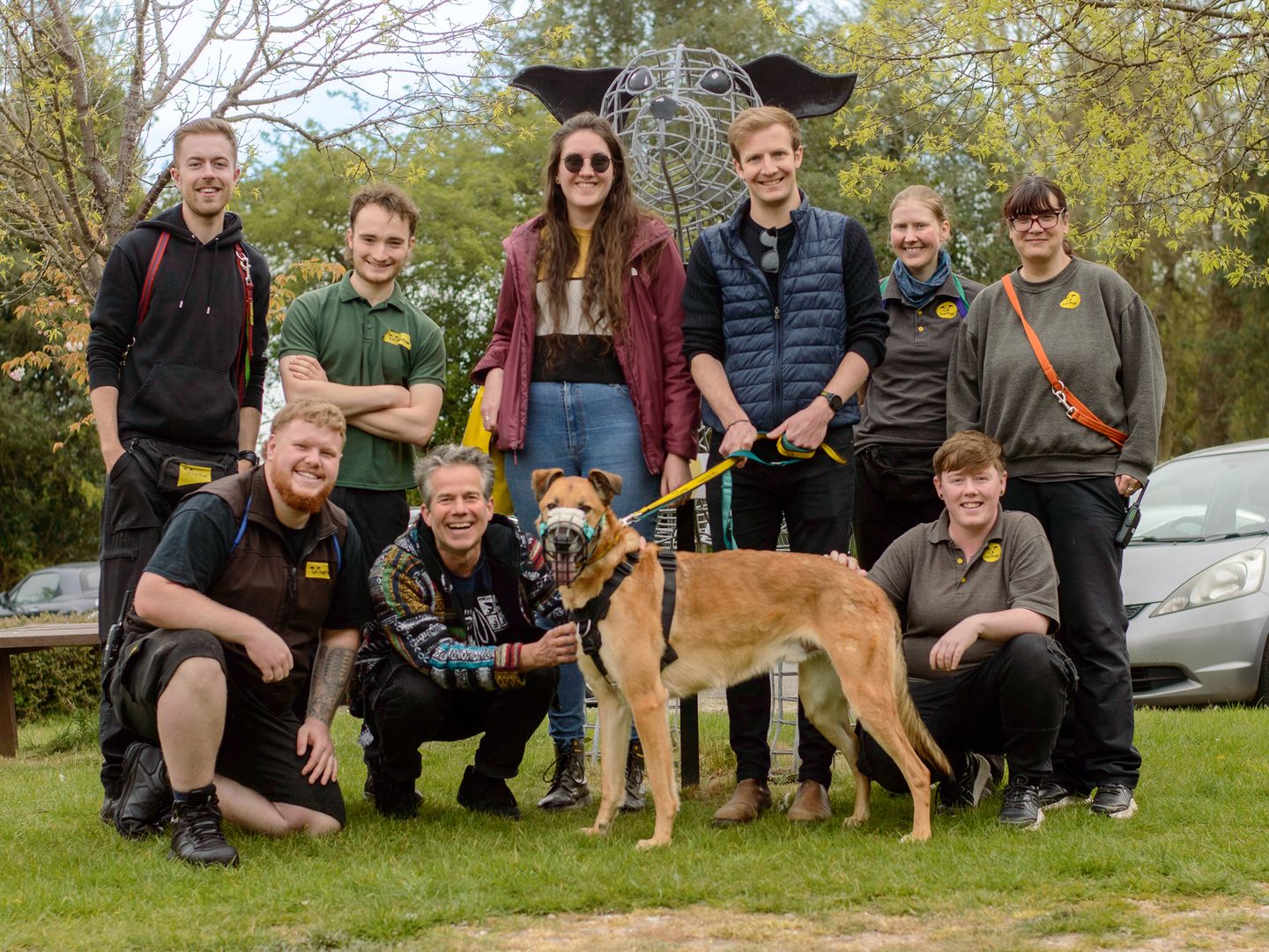 Moose the Underdog celebrates adoption day with Matthew, Alina and the team at Dogs Trust Kenilworth.