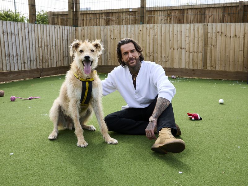 Pete Wickes sitting down next to a large sandy rough-haired adult dog smiling for the camera
