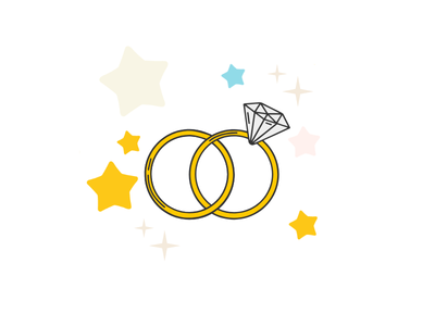 illustration of two rings linked together with yellow, beige, pink and blue stars around it